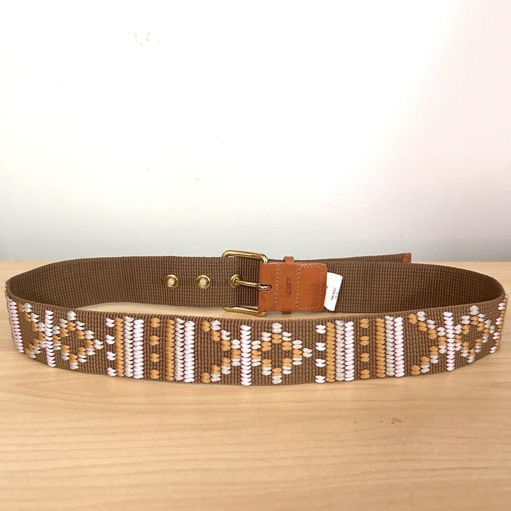 J.Crew Embroidered Web Belt XS‎ Brown Pink Leather Trim Gold Buckle Boho